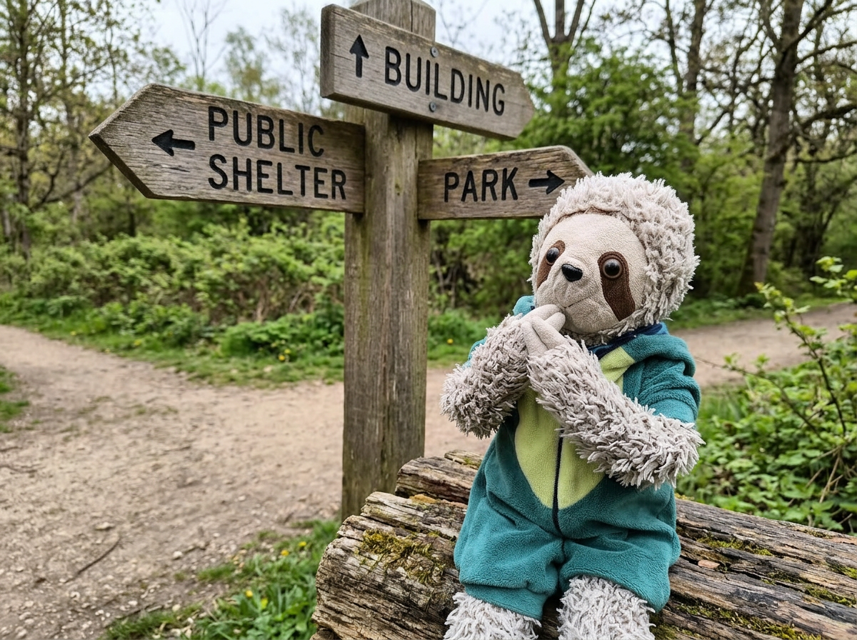 Corn pondering at a directional signpost