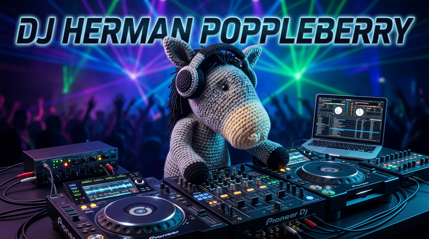 DJ Herman Poppleberry at the decks — wide shot