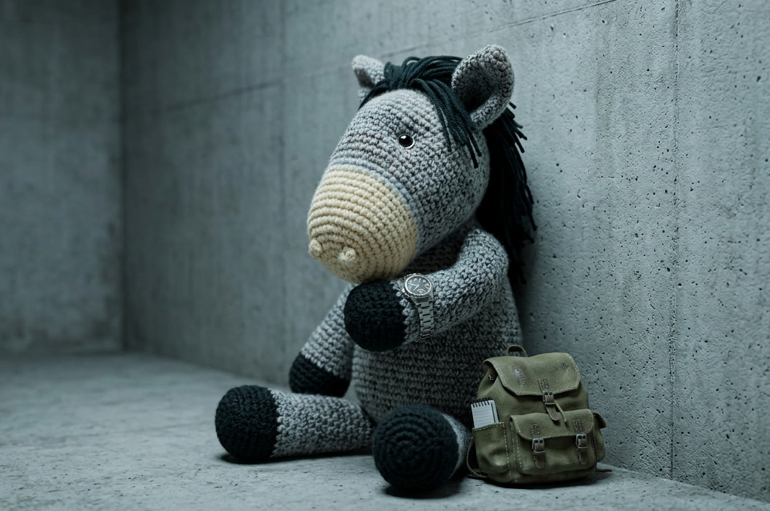 Herman sitting in a concrete shelter