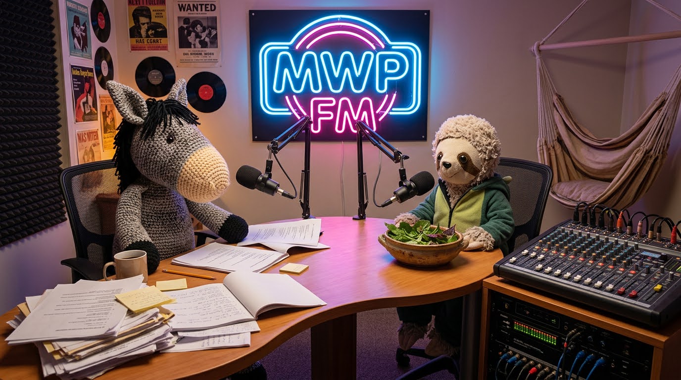Herman and Corn recording at the MWP FM desk