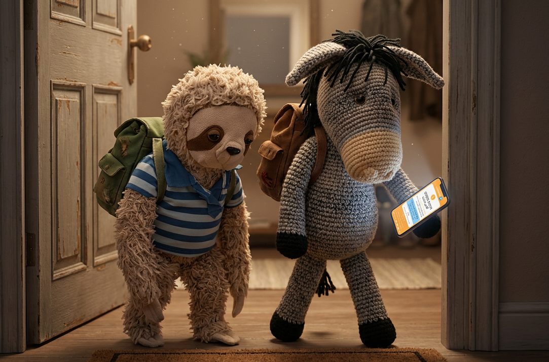 Corn and Herman returning home through a doorway