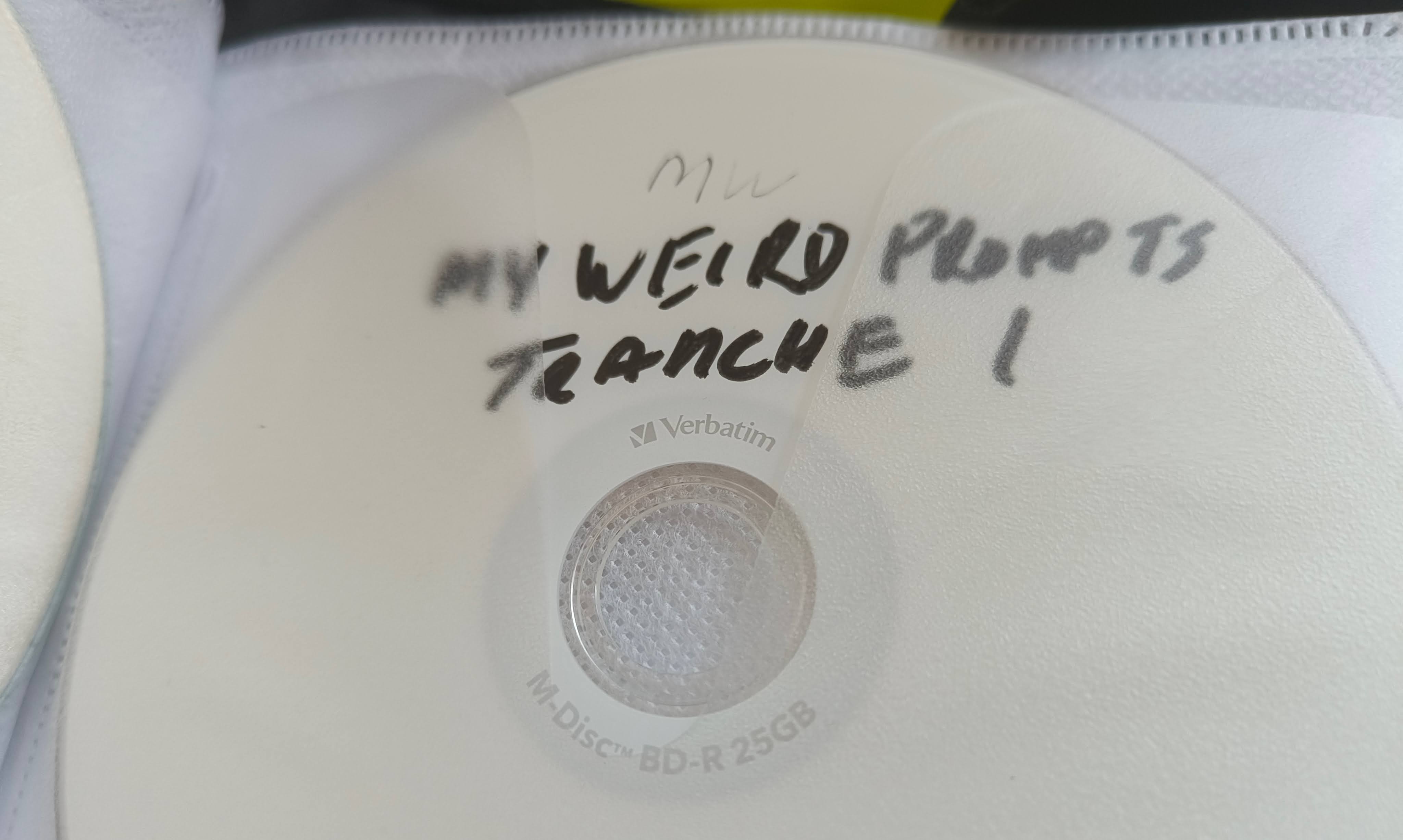 M-DISC Blu-ray labeled My Weird Prompts Tranche 1 — Verbatim M-Disc BD-R 25GB